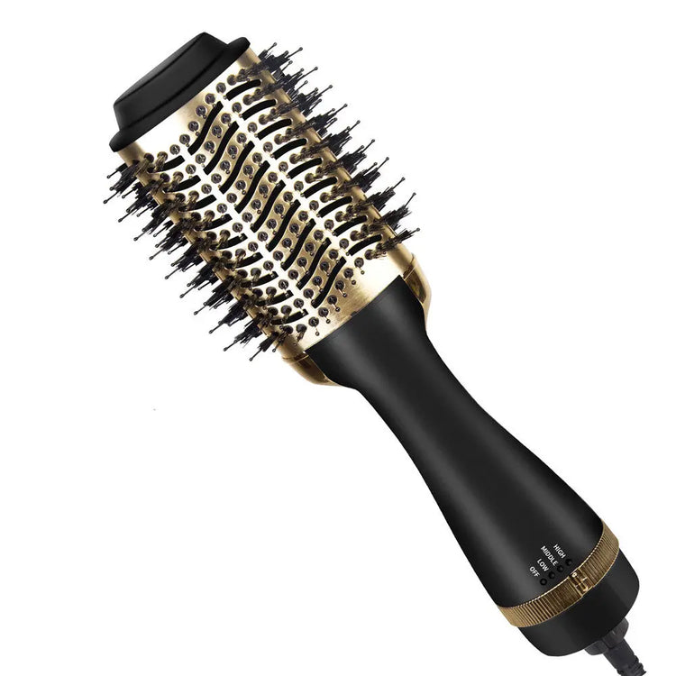 One-Step Multifunctional Electric Hair Dryer Comb and Straightener in black and gold design.