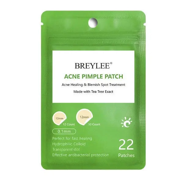Tea Tree Acne Patches packaging with acne healing and blemish spot treatment label.