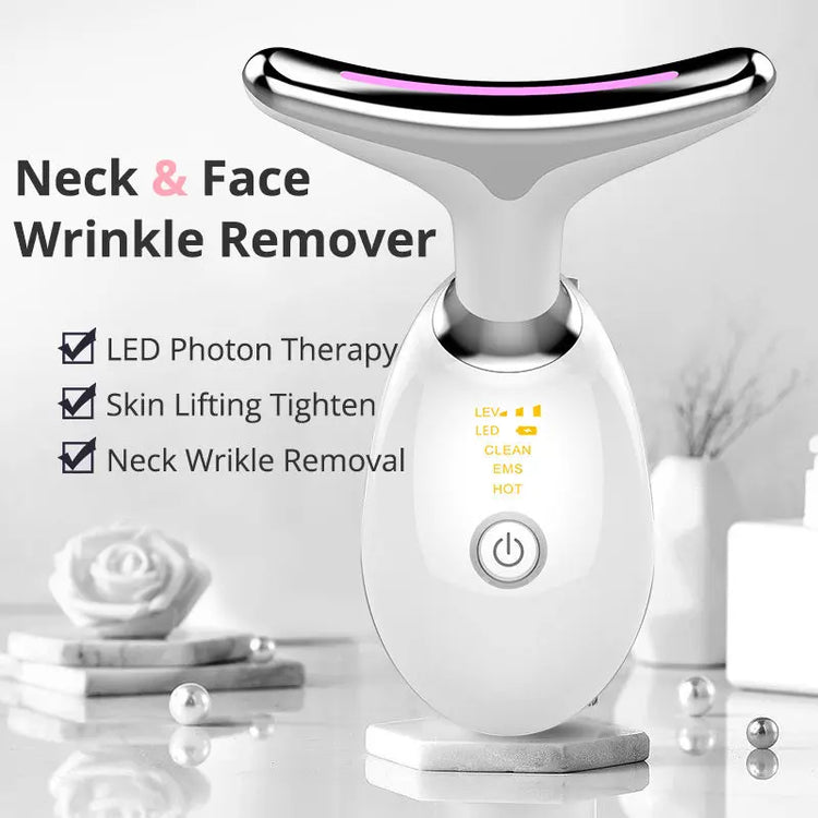 LED face and neck lifting massager with photon therapy and wrinkle removal features.