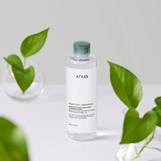 Anua Heartleaf 87 cleansing water bottle with green cap, surrounded by heartleaf plants.