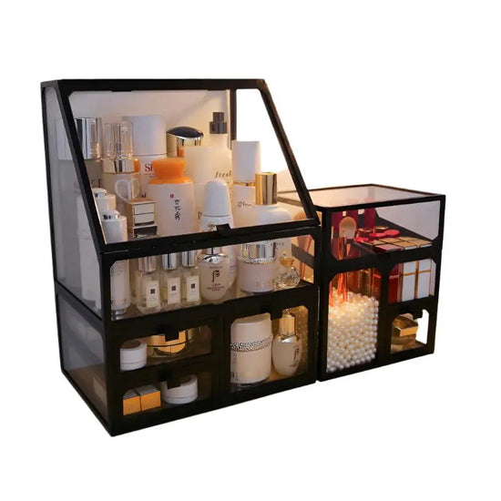 Cosmetic Storage Box with multiple clear compartments for makeup and skincare organization.