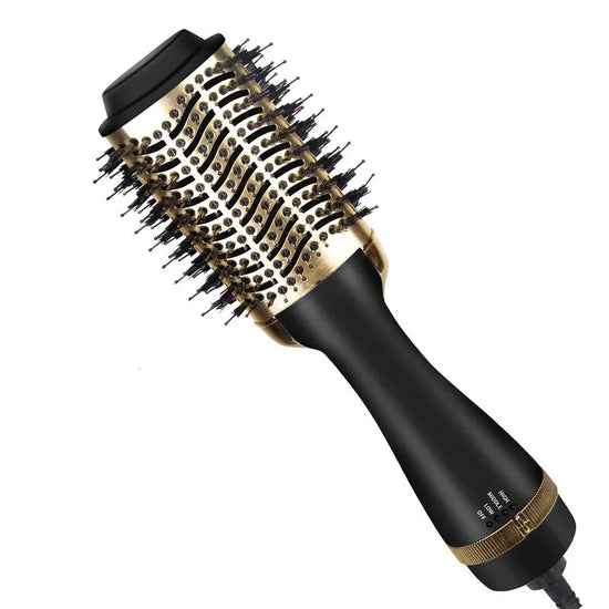 One-Step Multifunctional Electric Hair Dryer Comb and Straightener in black and gold design.