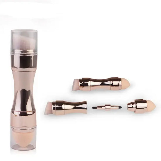 Portable 4-in-1 makeup brush set for foundation, blush, eyeshadow, and lips, compact design.
