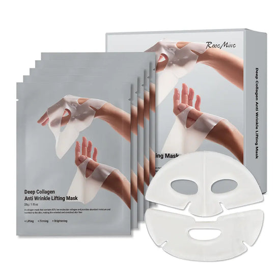 Deep Collagen Anti-Wrinkle Lifting Mask packaging and sheet masks for youthful skin and hydration.