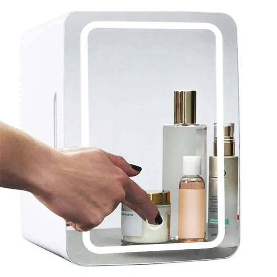 Mini makeup fridge with LED light mirror, storing beauty products.
