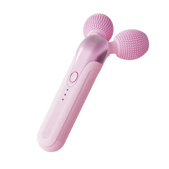 Pink facial cleaning and slimming vibrating roller with dual heads.