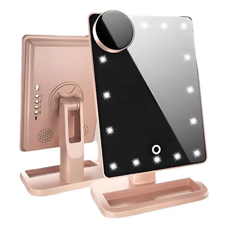 Touch screen makeup mirror with LED lights and Bluetooth speaker.