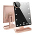 Touch screen makeup mirror with LED lights and Bluetooth speaker.