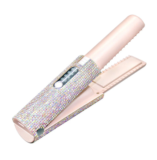 Portable hair straightener with rhinestone-encrusted design for stylish hair styling.