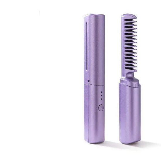 Wireless hair straightening and curling comb in purple, portable and cordless design.