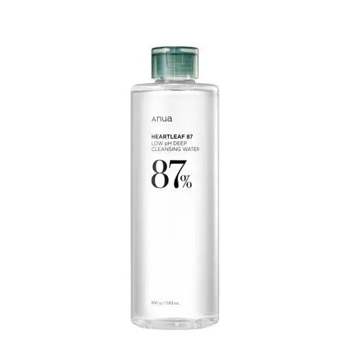 Anua Heartleaf 87 Low pH Deep Cleansing Water 500g bottle with green cap.